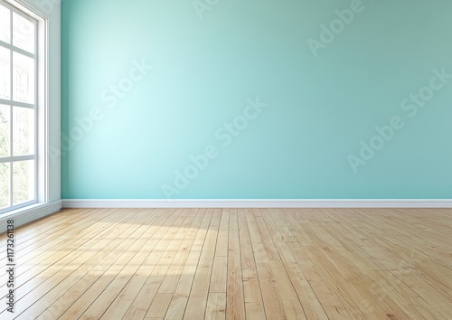 Empty room with light teal wall  hardwood floor  and window.