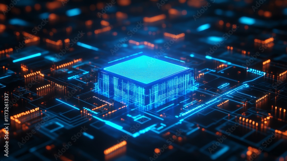Obraz premium A glowing blue microprocessor surrounded by a digital circuit board, illustrating advanced technology and data processing.