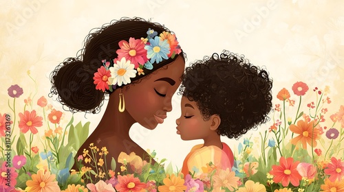 Illustration of an African American mother and child, both with flower in their hair, embracing each other against a soft cream background