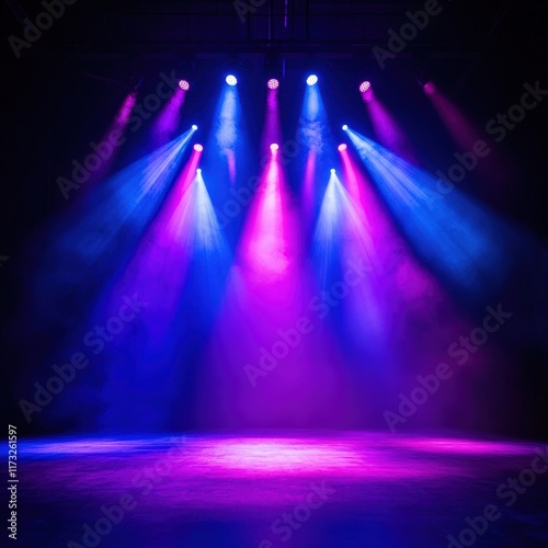 Dynamic stage performance under vibrant purple and blue spotlights event venue visual art captivating atmosphere artistic expression