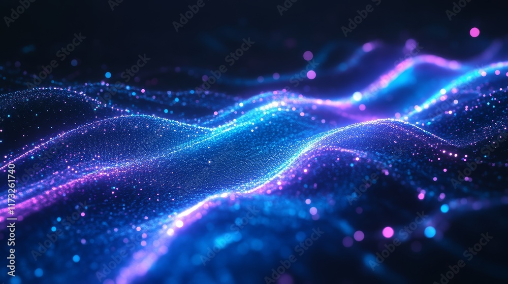 Obraz premium A vibrant, abstract representation of flowing waves of light in blue and pink hues, showcasing a digital, cosmic aesthetic.