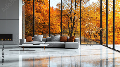 Fototapeta Naklejka Na Ścianę i Meble -  Modern minimalistic living room with table and grey or gray sofa couch furniture, shiny marble floor, large windows showing autumn fall orange forest nature with sunlight. bright, indoor, relaxation.