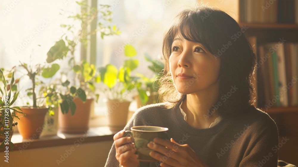 窓辺でお茶を楽しむ女性 窓辺でお茶を楽しむ女性