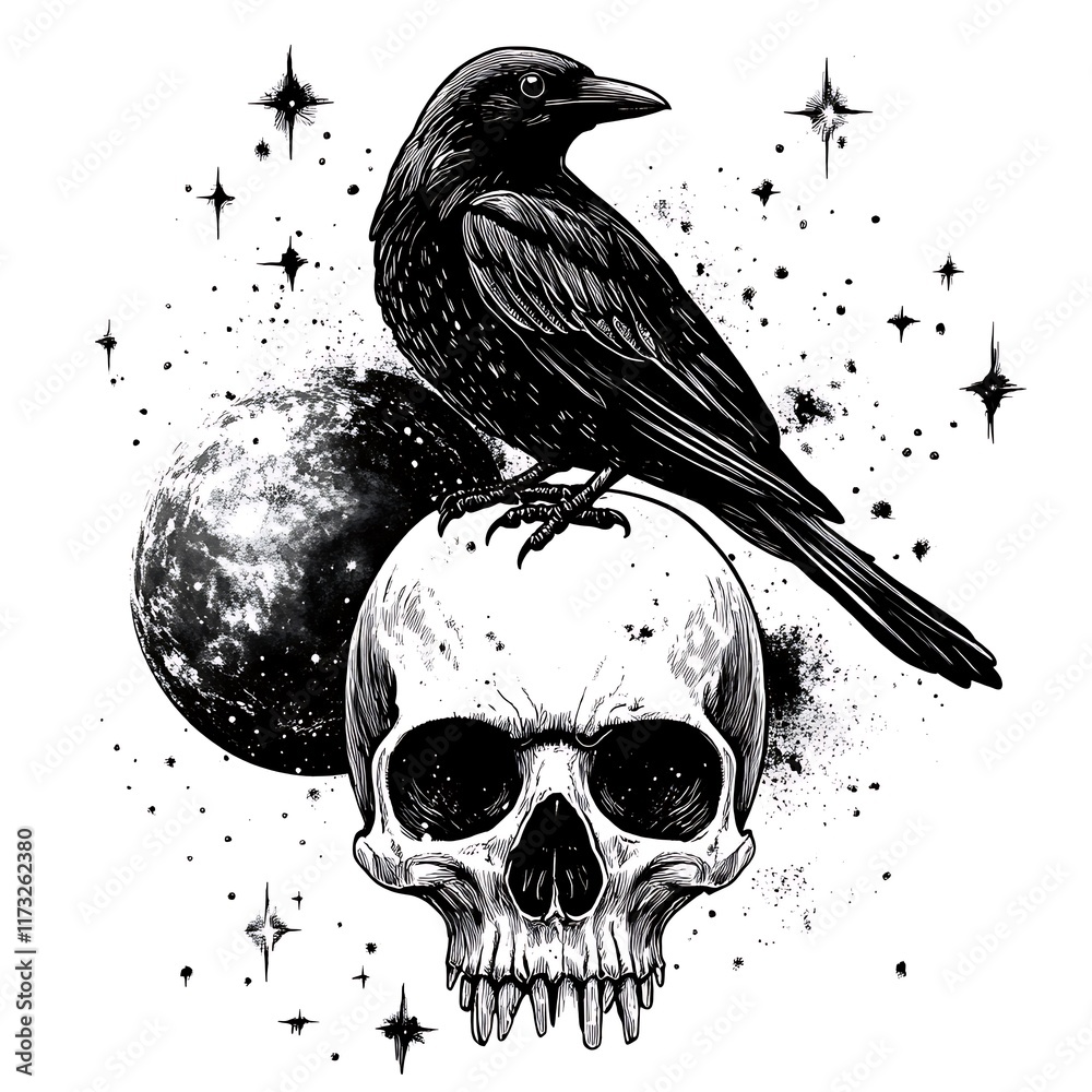 Fototapeta premium Crow perched on a skull in front of the moon.