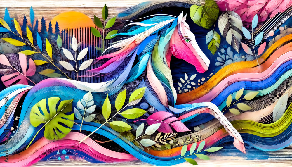 Fototapeta premium A colorful, abstract horse gallops through a vibrant scene filled with flowing waves, leaves, and a glowing sunset.