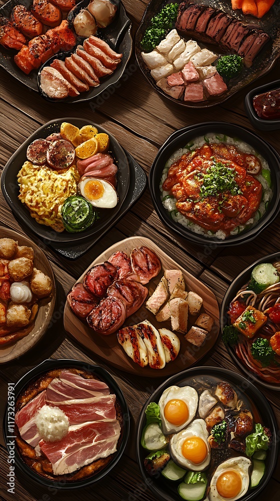 A vibrant assortment of various dishes arranged on plates, showcasing a feast of flavors. A vibrant assortment of various dishes arranged on plates, showcasing a feast of flavors.