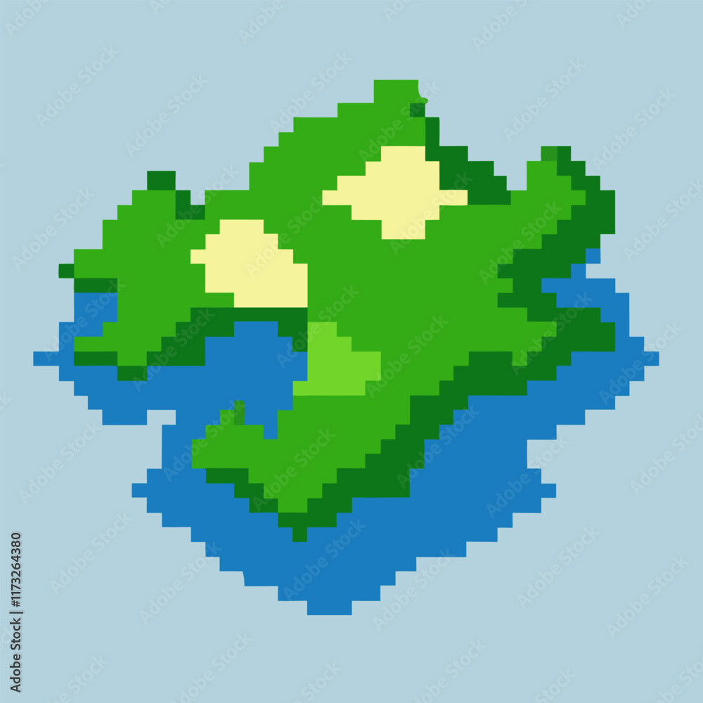Fototapeta premium Pixel Art Island with Green Terrain and Blue Ocean on Light Background