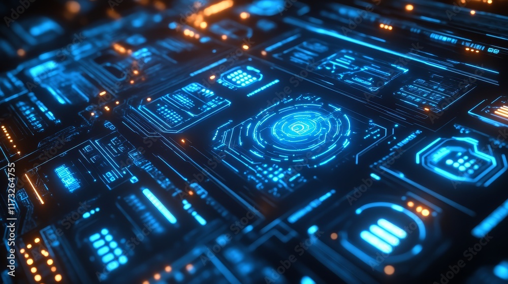 Fototapeta premium A close-up view of a futuristic interface featuring intricate blue circuitry and glowing elements, showcasing advanced technology and digital design.