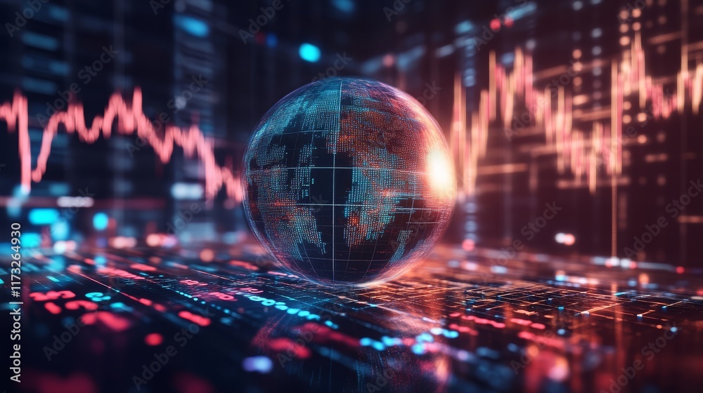 Fototapeta premium A futuristic digital globe surrounded by vibrant graphs and data streams, symbolizing global connectivity and technology trends.