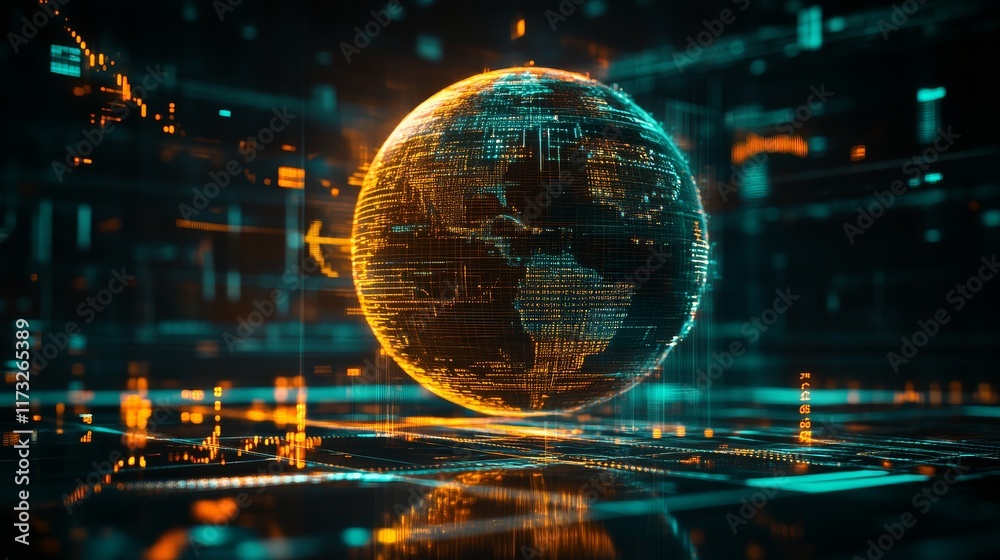 A glowing, digital globe surrounded by vibrant data streams, representing global connectivity and technology in a futuristic environment. A glowing, digital globe surrounded by vibrant data streams, representing global connectivity and technology in a futuristic environment.