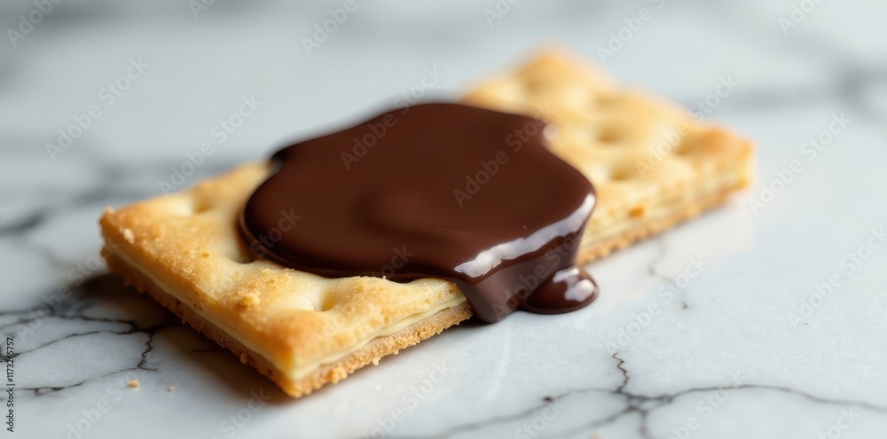 Thin wafer with flowing dark chocolate on a marble surface, chocolate, wafer Thin wafer with flowing dark chocolate on a marble surface, chocolate, wafer