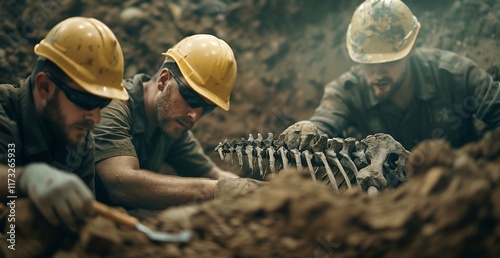 Three paleontologists carefully excavating a dinosaur skeleton from the earth, using tools and wearing protective gear. photo