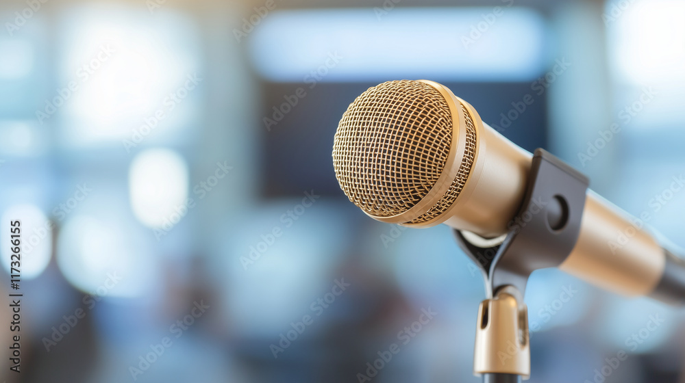 Fototapeta premium Golden Microphone in Newsroom Background