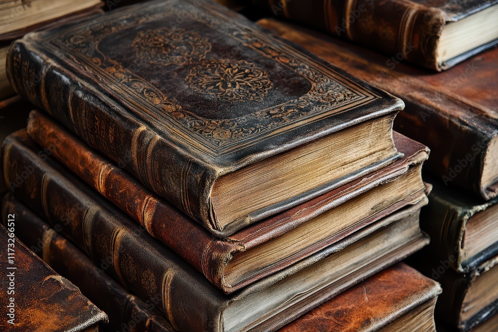 Obraz premium A captivating close-up showcases well-worn, leather-covered books, beautifully illustrating the richness of literature and history on a rustic wooden surface