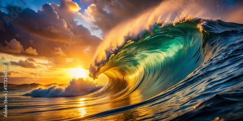 Golden Hour Ocean Wave: Dramatic Crest, Sunlight, Coastal Nature Photography
