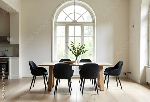 A modern dining room with a rectangular wooden table, four black chairs, and a large arched window in the background. photo