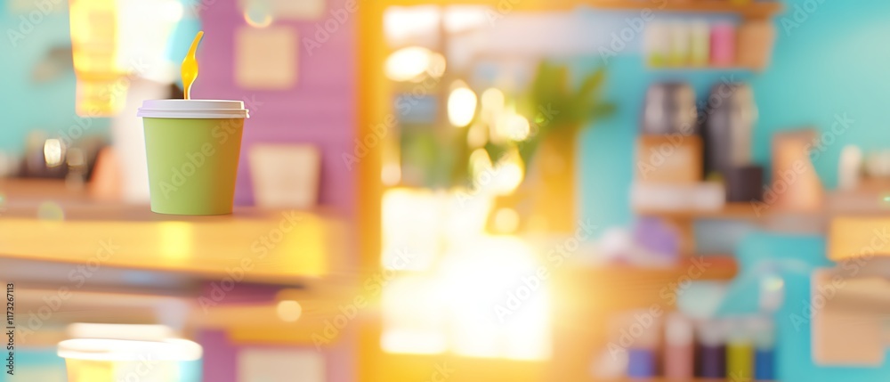 custom made wallpaper toronto digitalA refreshing drink in a paper cup sits on a counter in a brightly lit cafe. Sunlight streams through the window, creating a warm and inviting atmosphere.