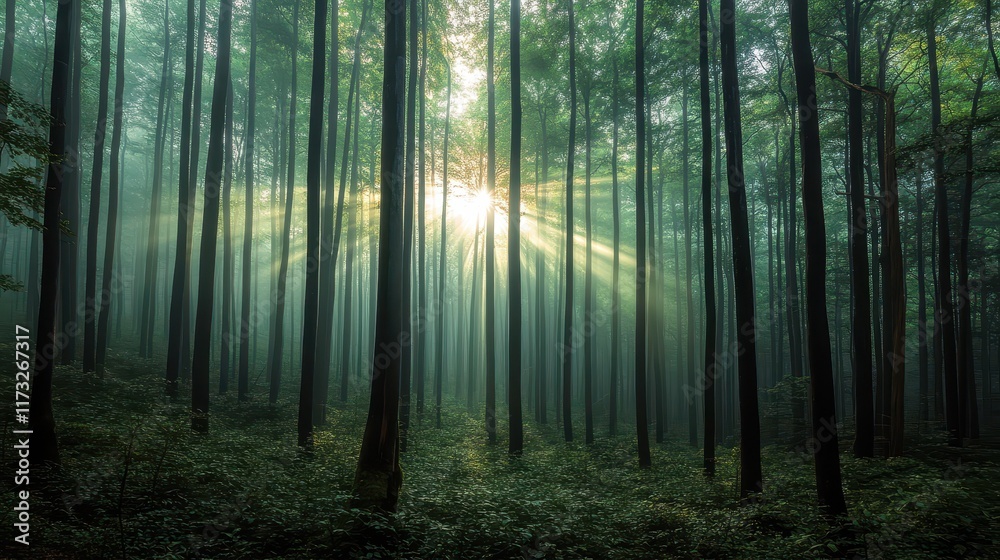Fototapeta premium Dense fog envelops a forest as sunbeams pierce through the treetops creating a mystical atmosphere in nature during early morning hours