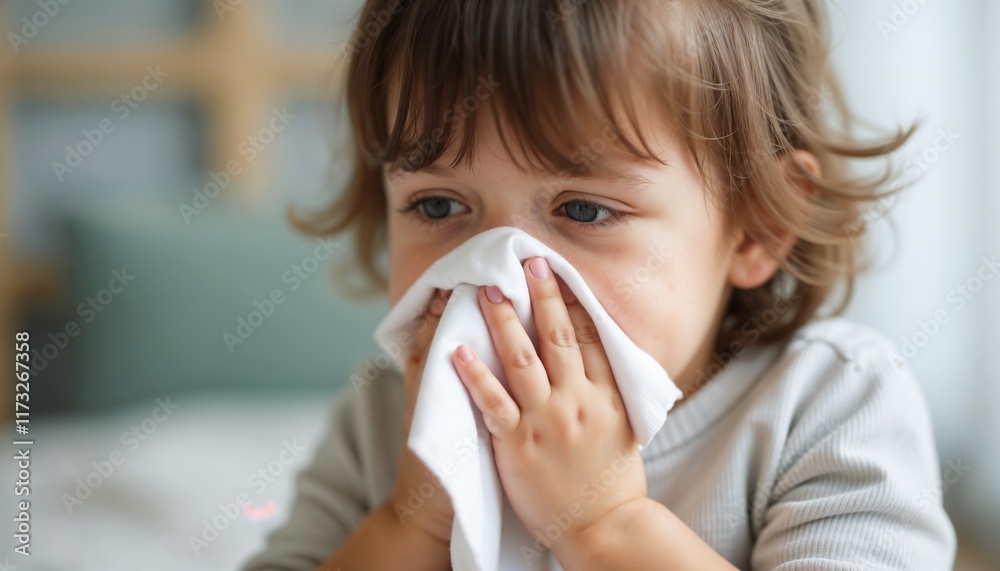 Young child blowing nose with tissue during a flu epidemic in a cozy indoor setting Young child blowing nose with tissue during a flu epidemic in a cozy indoor setting