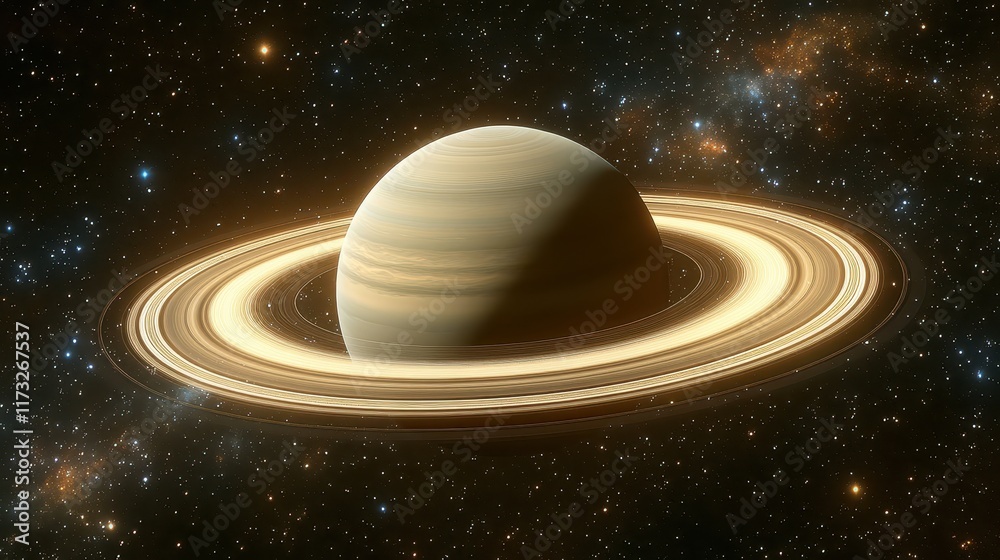 Fototapeta premium Detailed illustration of a large celestial body surrounded by luminous rings in a vast cosmic background, showcasing the beauty of space