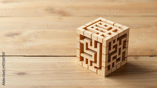 Wooden block maze with question mark cube in center, representing business strategy challenges and problem solving, problem solving, cube photo