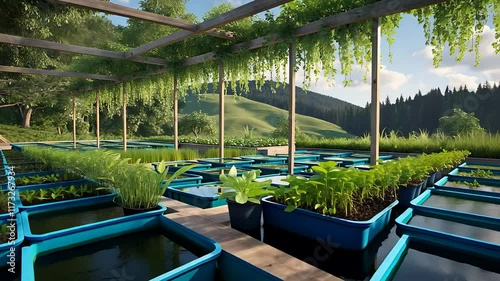 Sustainable Aquaponics Farm with Green Plants, Blue Water Tanks, and Wooden Trellis in a Scenic Outdoor Setting

 photo