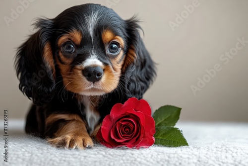 Cocker spaniel puppy adoring a rose indoor setting heartwarming pet photography cozy atmosphere close-up perspective