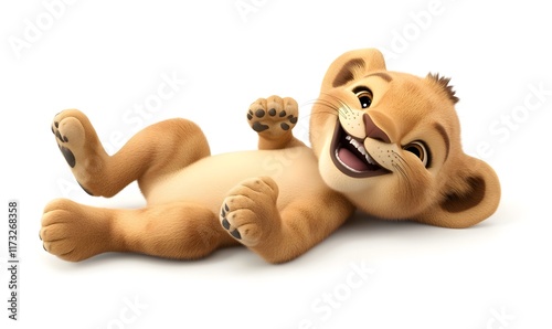 Playful lion cub lying on back, laughing.