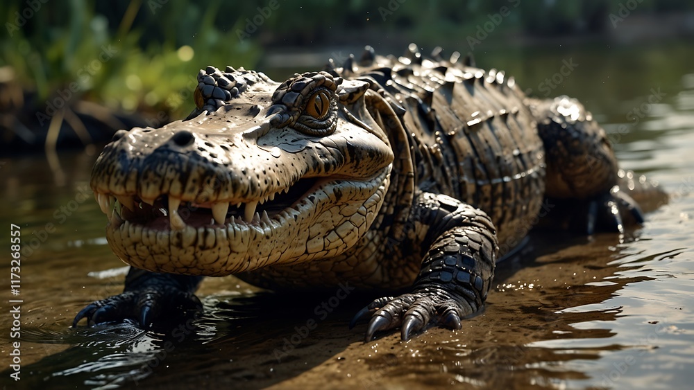 Obraz premium a crocodille close up potrait in green river water habitat background