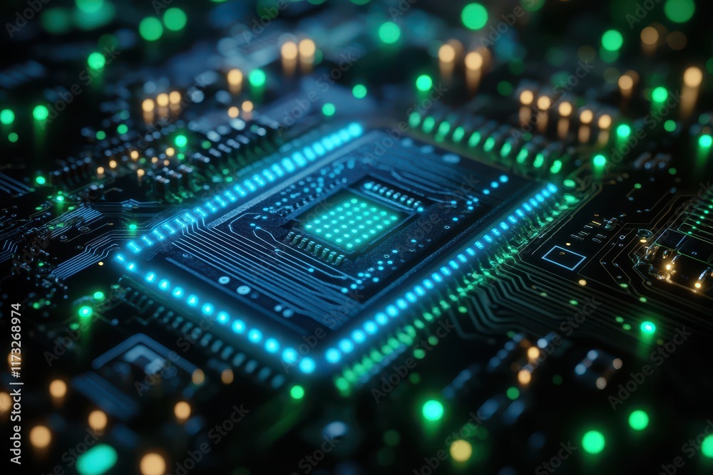 A glowing circuit board casts a radiant light in the darkness, highlighting its intricate lines and complex technology, creating a captivating nighttime ambiance A glowing circuit board casts a radiant light in the darkness, highlighting its intricate lines and complex technology, creating a captivating nighttime ambiance