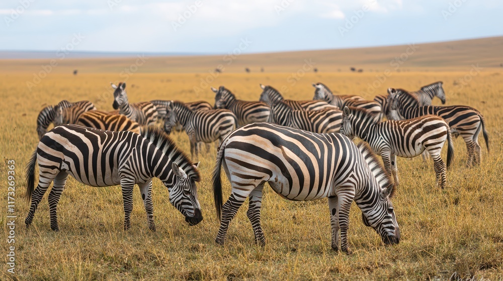 Zebras grazing peacefully in the open savannah during the golden hour, showcasing their unique black and white stripes against the vast landscape Zebras grazing peacefully in the open savannah during the golden hour, showcasing their unique black and white stripes against the vast landscape