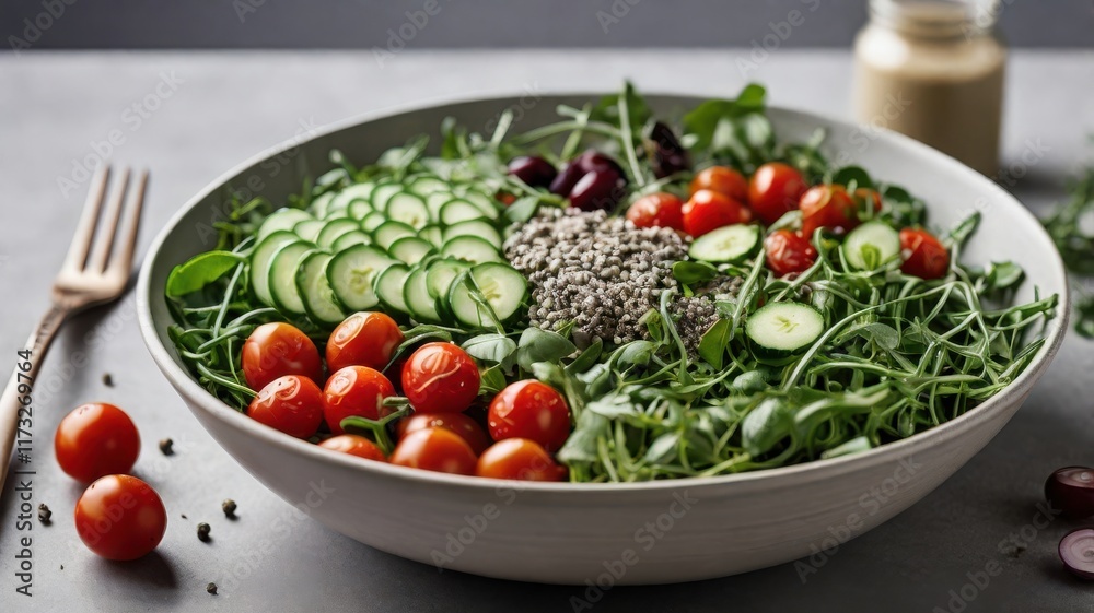 A minimalist salad bowl filled with arugula, cherry tomatoes, cucumber ribbons, and a sprinkle of chia seeds. Styled with a small jar of homemade dressing and a fork on a light stone table. A minimalist salad bowl filled with arugula, cherry tomatoes, cucumber ribbons, and a sprinkle of chia seeds. Styled with a small jar of homemade dressing and a fork on a light stone table.