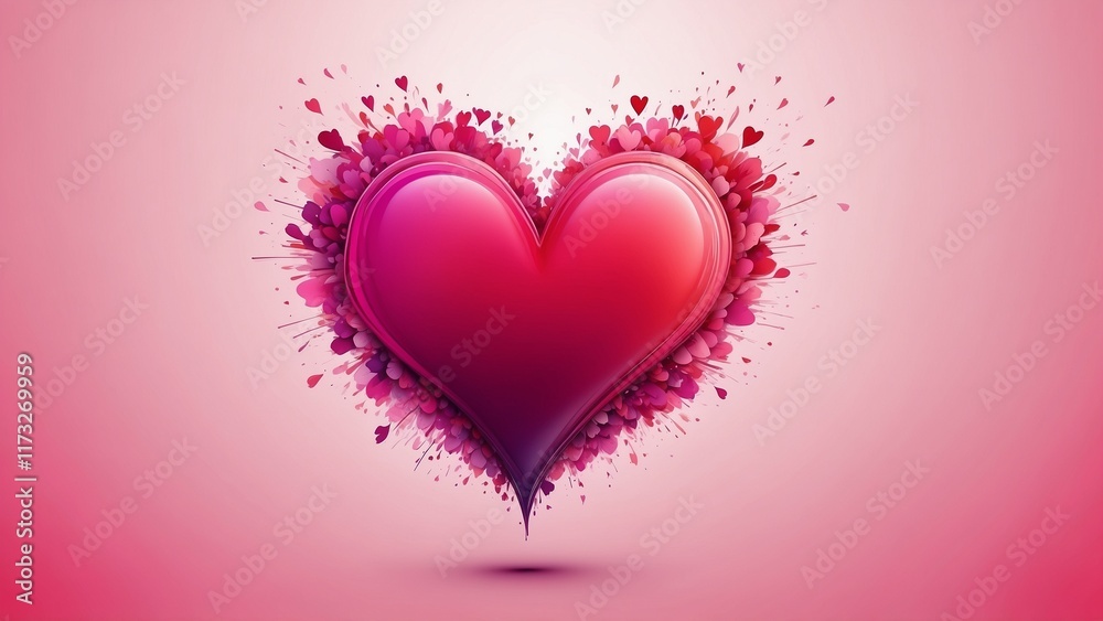 Vibrant heart surrounded by colorful splashes and smaller hearts on a soft pink background Vibrant heart surrounded by colorful splashes and smaller hearts on a soft pink background