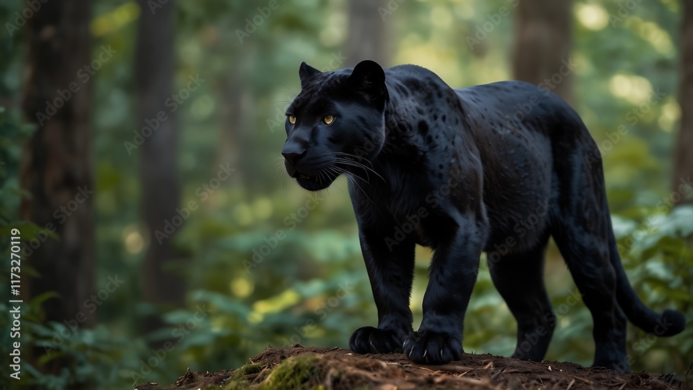 black panther puma close up potrait in green tree forest habitat background black panther puma close up potrait in green tree forest habitat background