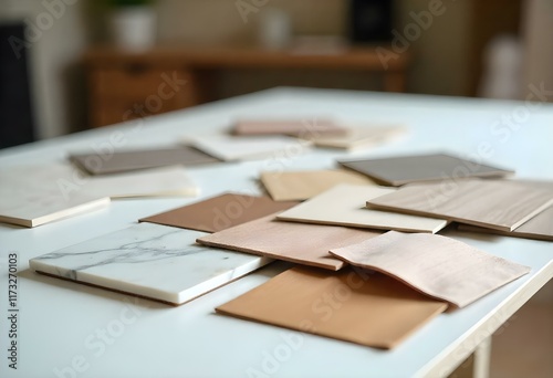 A collection of various material samples, including marble, wood, and fabric swatches, arranged on a flat surface. The materials showcase different textures, patterns, and colors.