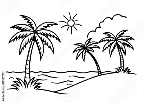 illustration of a tropical island line art vector with white background