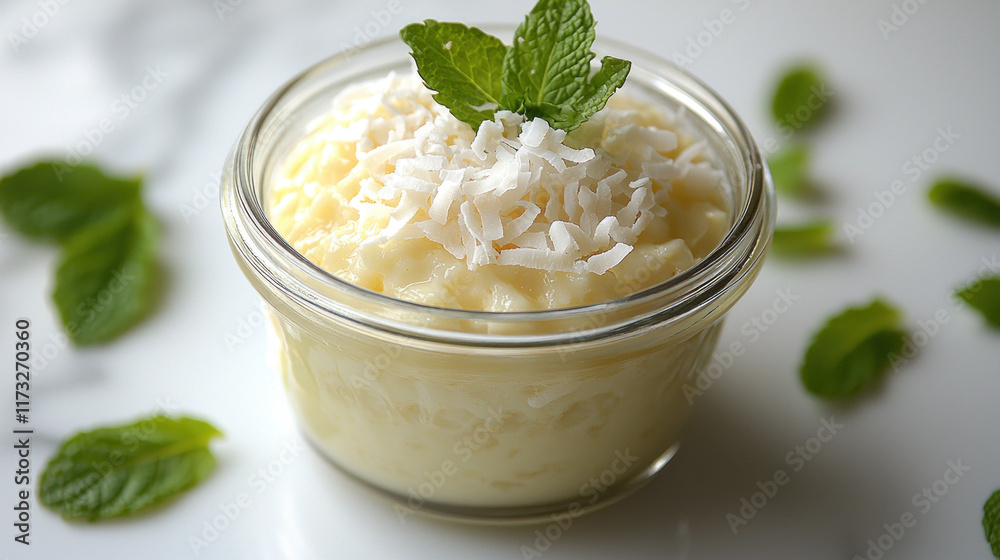 Coconut rice pudding with mint garnish in jar on marble Coconut rice pudding with mint garnish in jar on marble