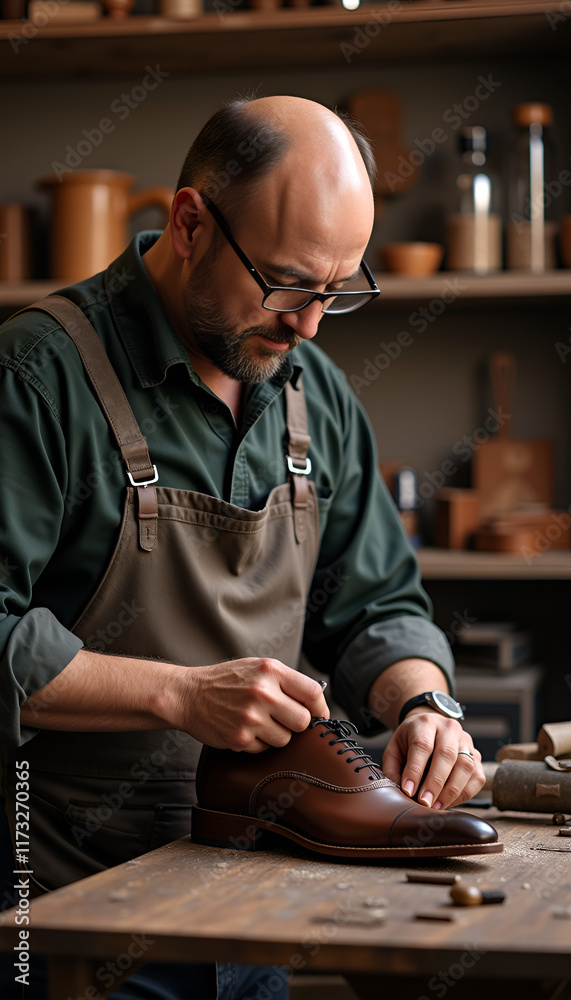 Craftsman creating and fitting comfortable men's shoes in a workshop setting Craftsman creating and fitting comfortable men's shoes in a workshop setting
