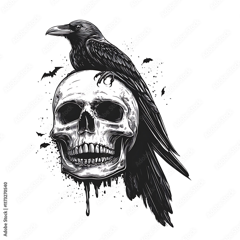Fototapeta premium Raven sits on a human skull with bats.