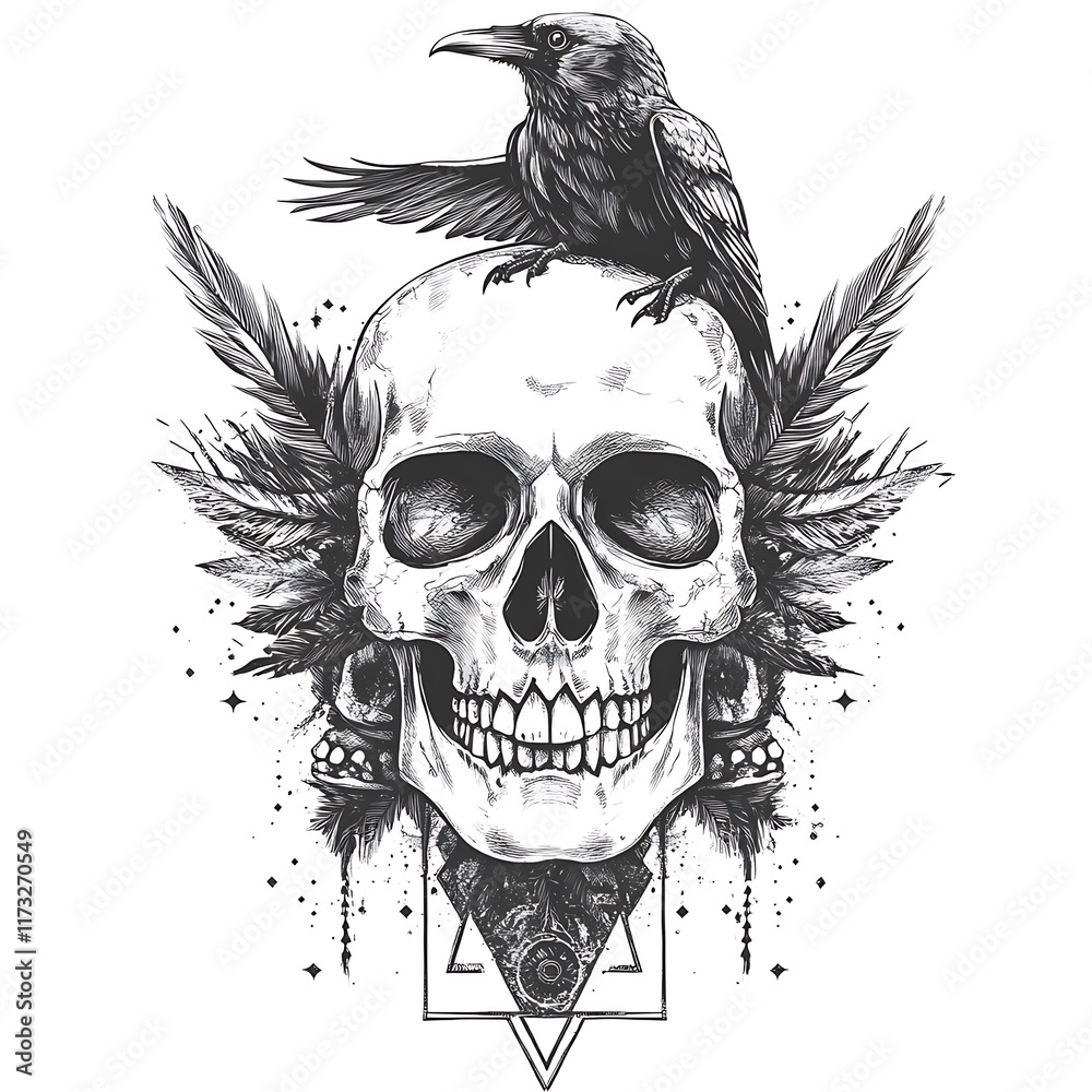 Ink sketch of raven atop a skull with feathers. Ink sketch of raven atop a skull with feathers.