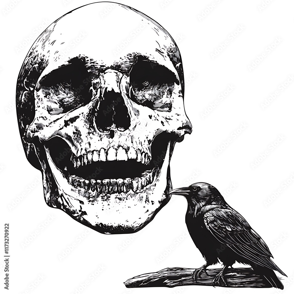 Fototapeta premium Crow looking at skull, white background.
