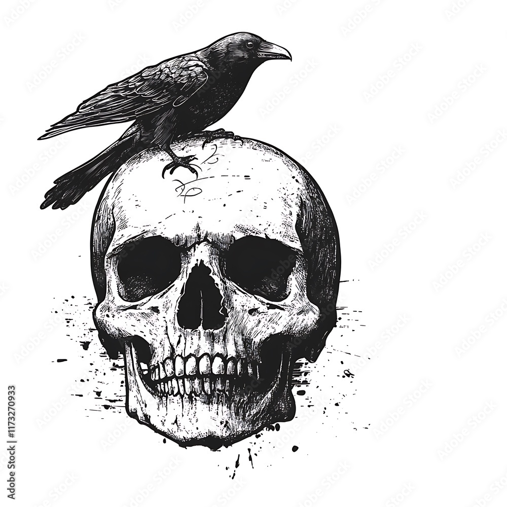 Fototapeta premium Crow sits atop a human skull illustration.