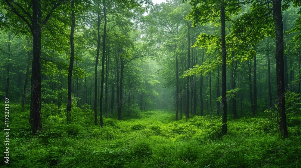 Fototapeta premium Tranquil forest scene lush green trees nature photography serene environment wide angle peaceful wilderness