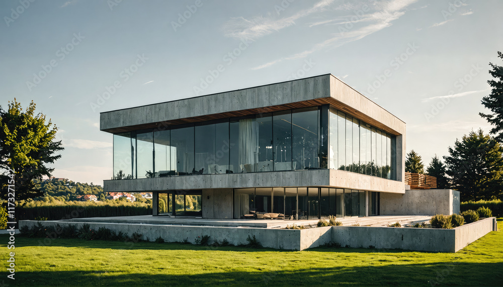 Modern architectural design showcases a sleek glass house surrounded by greenery in a tranquil setting Modern architectural design showcases a sleek glass house surrounded by greenery in a tranquil setting