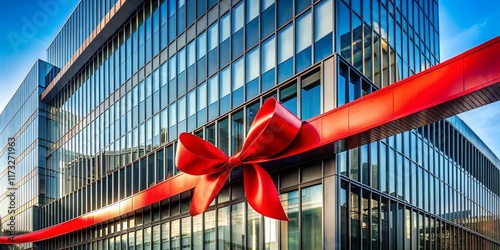 Grand Opening Red Ribbon Banner on Modern Building Facade