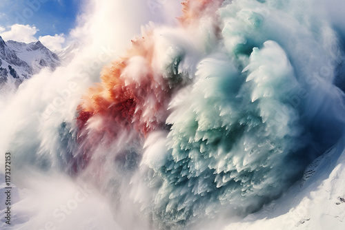 awe-inspiring spectacle of nature in motion unfolds as a majestic avalanche cascades down mountain slope, embodying turbulent snow and breathtaking drama photo