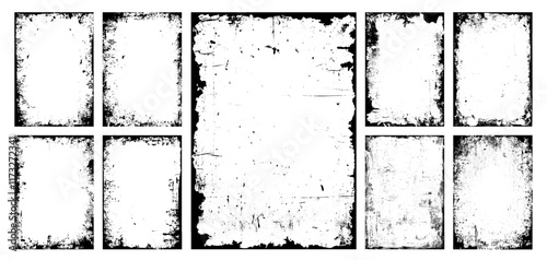 Set of vintage grunge frame or border, dirty overlay torn paper texture, scratch, photo album cover, watercolor pattern silhouette and business banner background with paint brush stroke effect. Poster