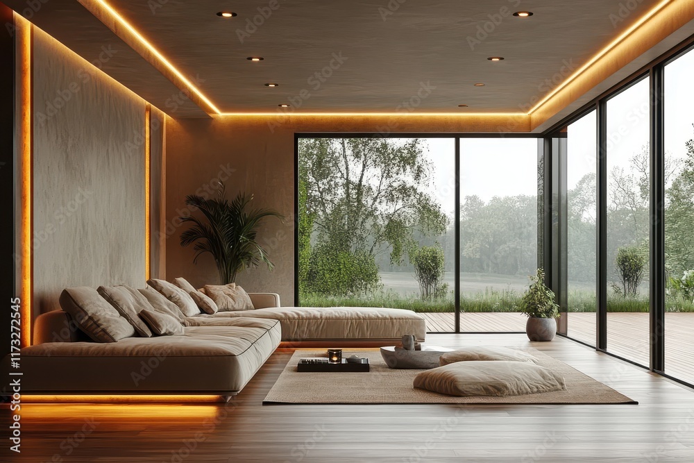 Fototapeta premium Modern living room with large windows, minimalistic decor, and soft lighting in a serene natural setting