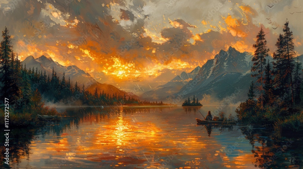 Sunset over a lake in the mountains with a lone figure in a boat. AI generative. . Sunset over a lake in the mountains with a lone figure in a boat. AI generative. .