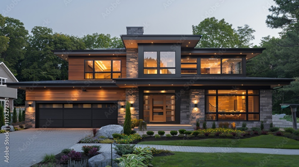 Modern house with wood and stone exterior, illuminated windows and a driveway. AI generative. . Modern house with wood and stone exterior, illuminated windows and a driveway. AI generative. .